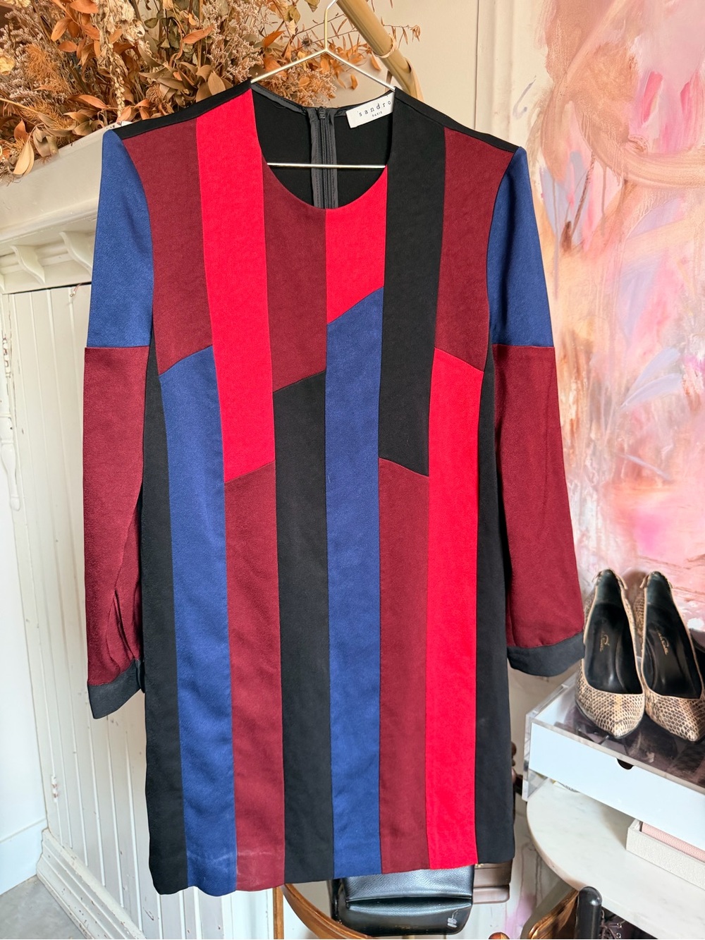 Sandro Shift Dress in Red, Blue & Burgundy